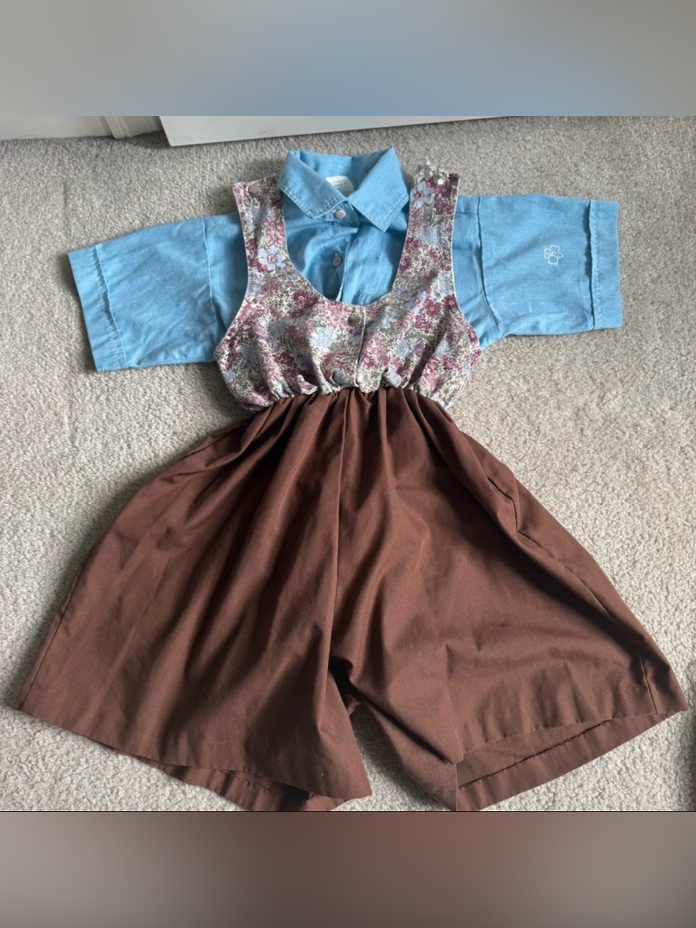 Vintage 90s Brownies Girl Scouts Uniform Floral Vest Blue Shirt Jumper Costume